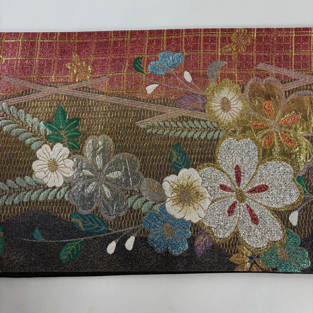 【美品】 袋帶 秀品級 草花紋 格子 金金箔 金絲 朱 純蠶絲