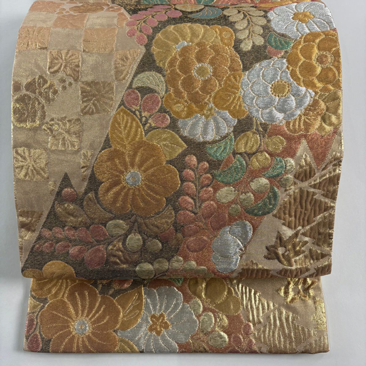 袋帶 秀品級 振袖禮服禮服用 辻花染圖案 松樹皮菱 金金箔 金銀線 金色 六通 純蠶絲