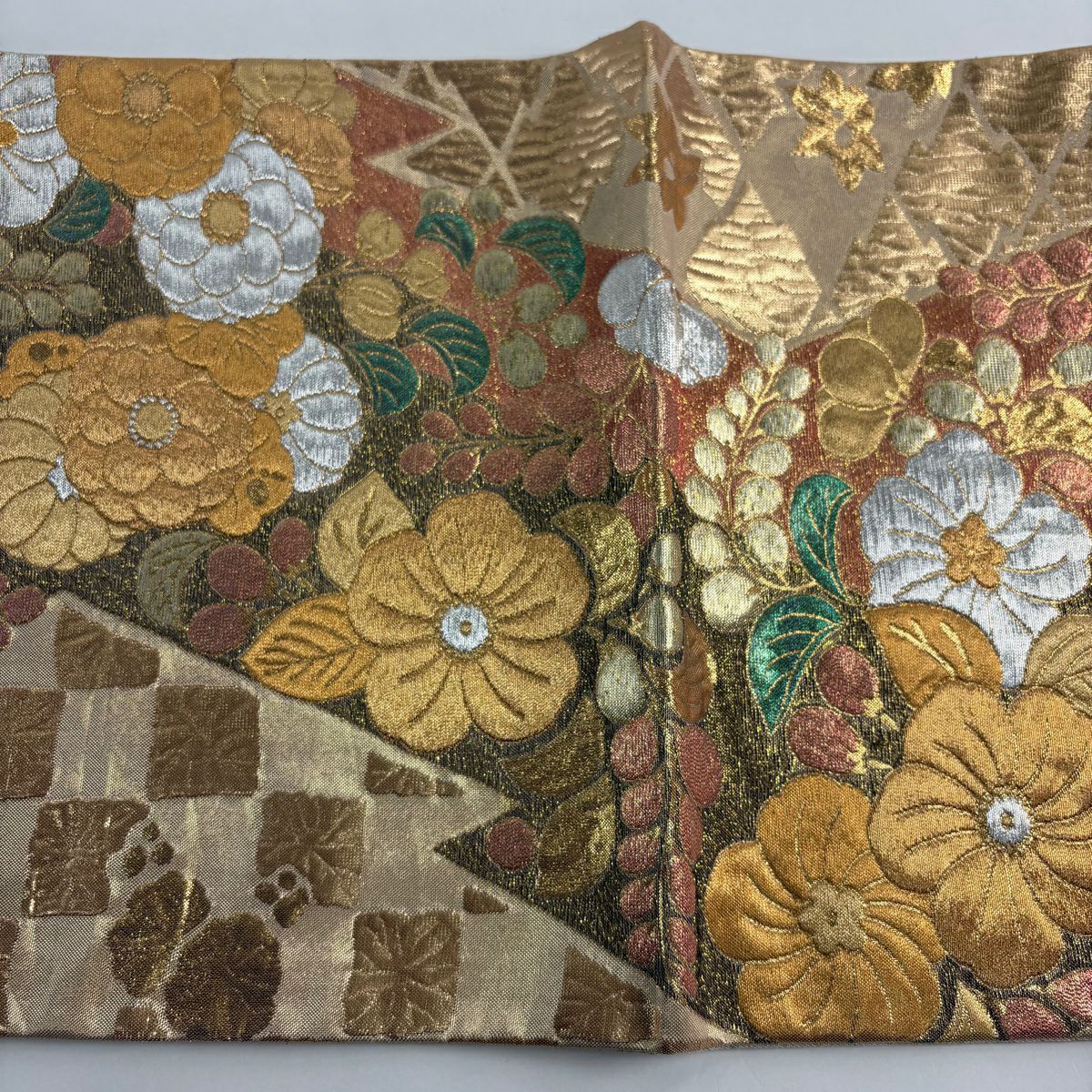 袋帶 秀品級 振袖禮服禮服用 辻花染圖案 松樹皮菱 金金箔 金銀線 金色 六通 純蠶絲