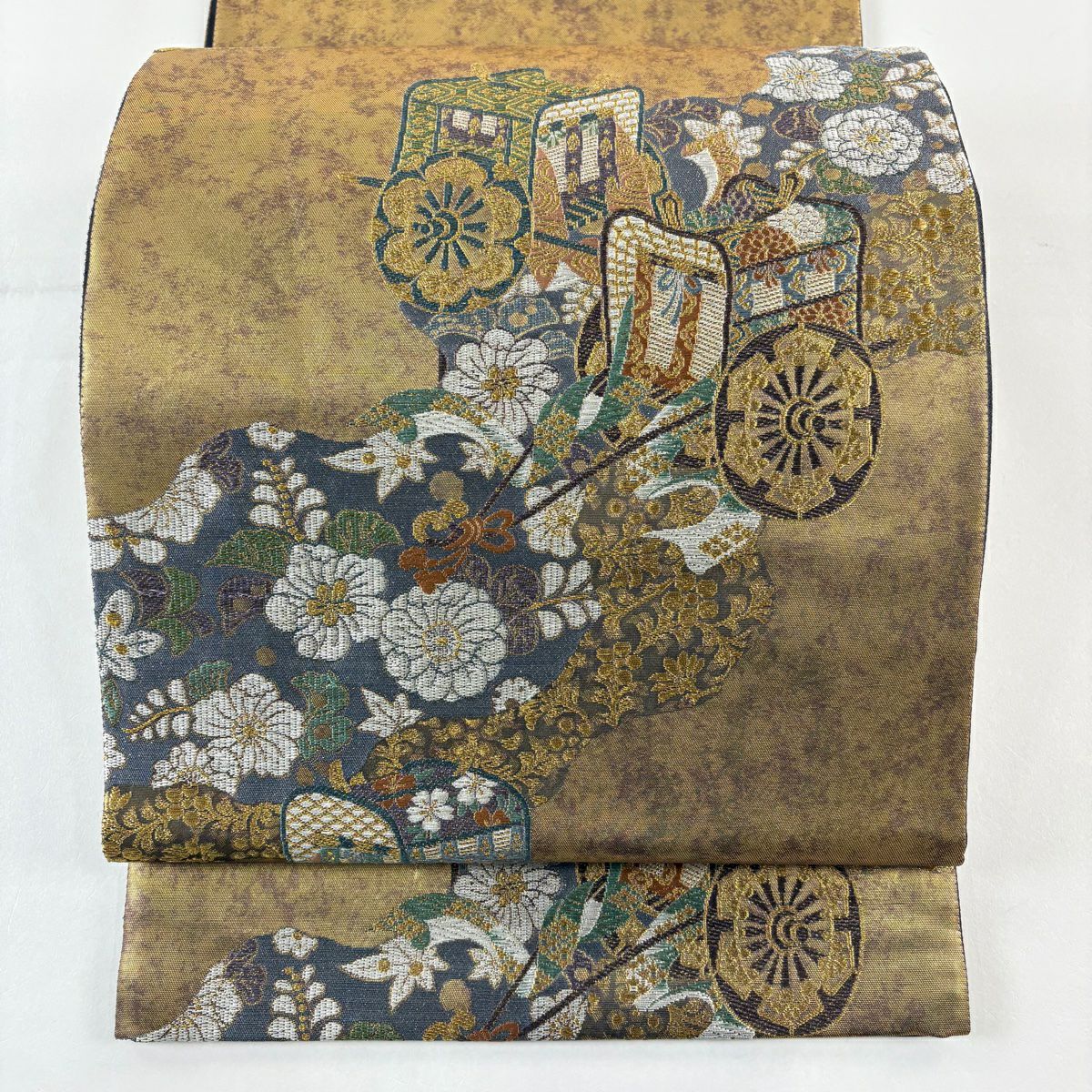 【美品】 袋帶 秀品級 大和 御所車 道長取 金絲 金金箔 金色 六通 純蠶絲