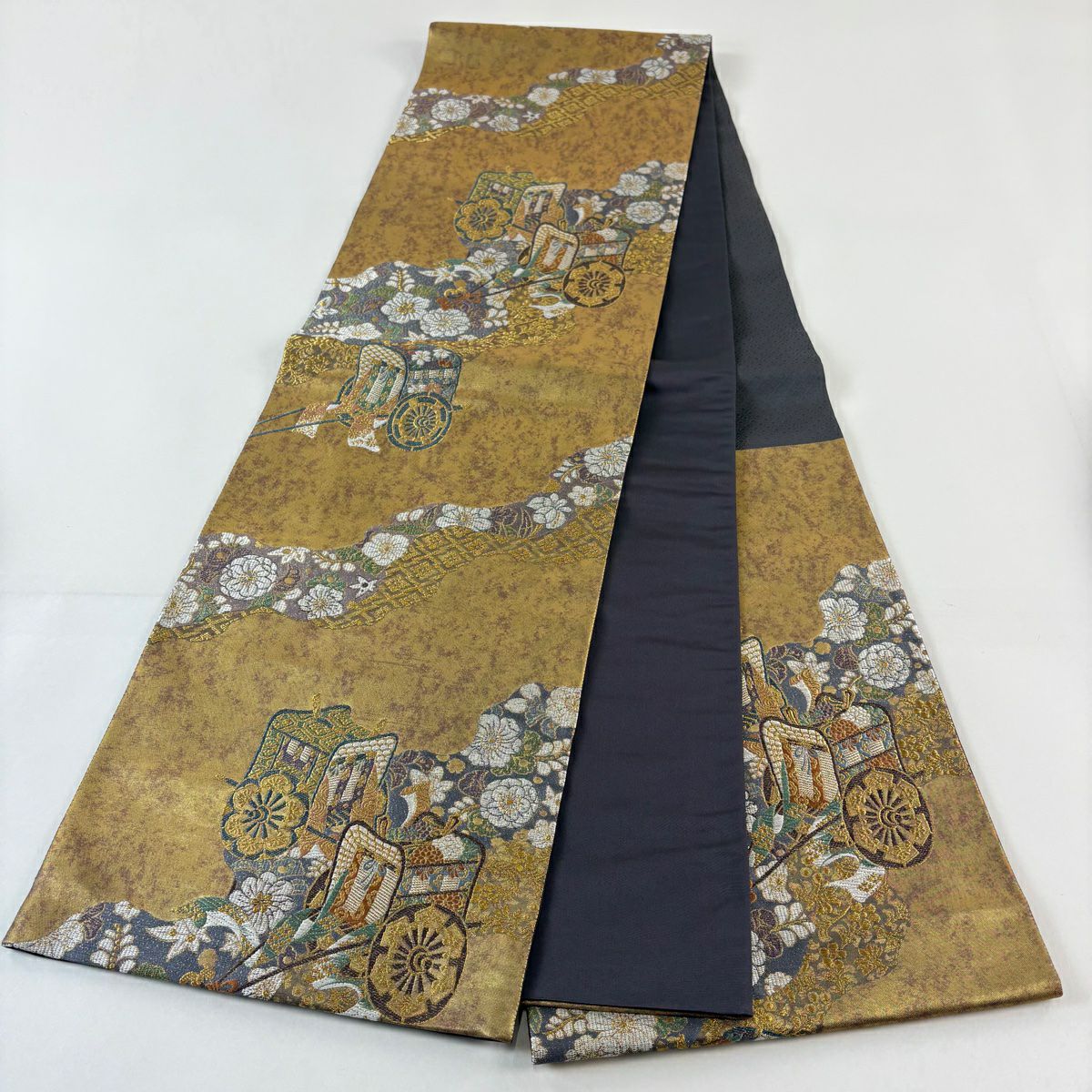 【美品】 袋帶 秀品級 大和 御所車 道長取 金絲 金金箔 金色 六通 純蠶絲