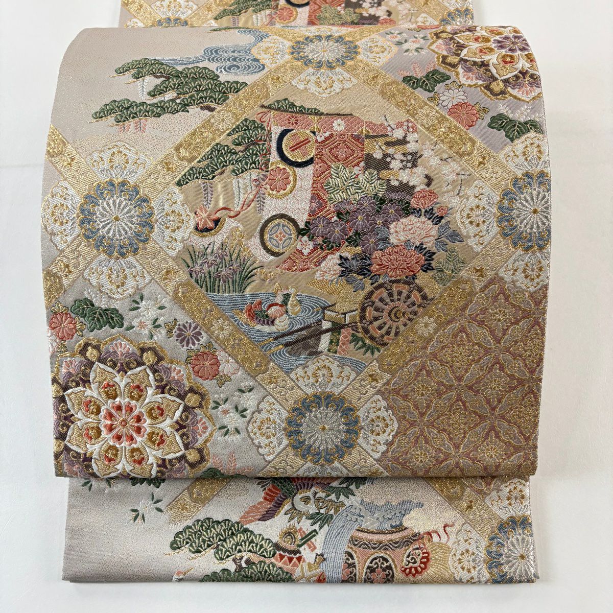 【美品】 袋帶 秀品級 菱天井 吉祥紋樣 金銀彩 金金箔 灰 深藍 六通 純蠶絲