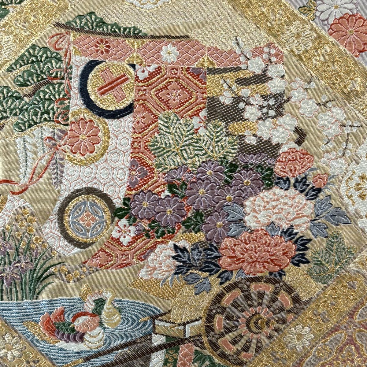 【美品】 袋帶 秀品級 菱天井 吉祥紋樣 金銀彩 金金箔 灰 深藍 六通 純蠶絲