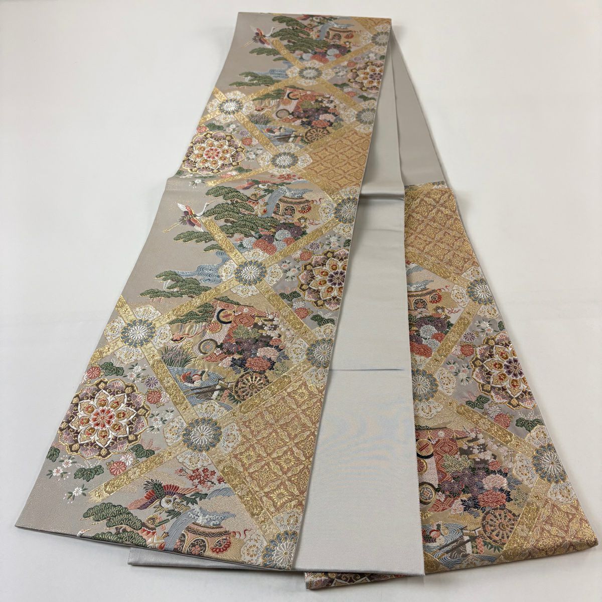 【美品】 袋帶 秀品級 菱天井 吉祥紋樣 金銀彩 金金箔 灰 深藍 六通 純蠶絲