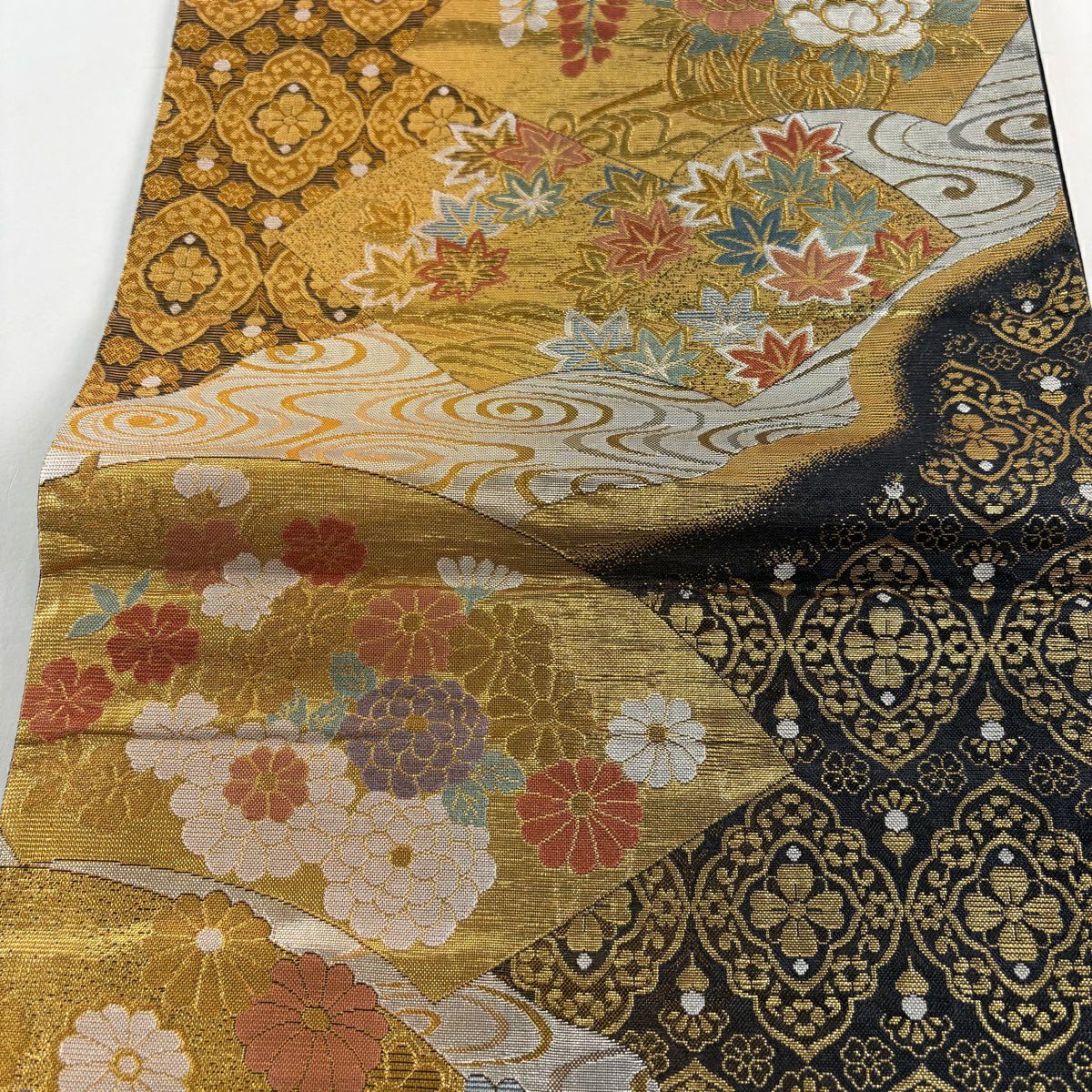 袋帶 秀品級 扇子面 花車 金絲 金金箔 金色 六通 純蠶絲