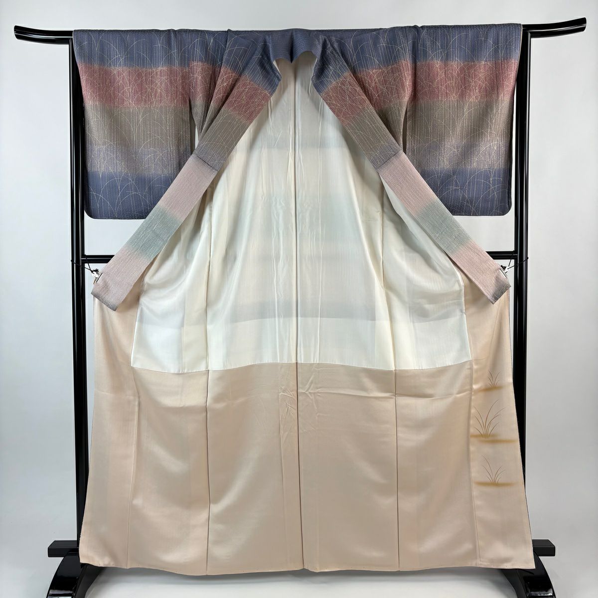 訪問服 身長165.5cm 袖長65cm M 雙層 落款あり 芝 段紋 金銀彩 灰紫 純蠶絲 秀品級