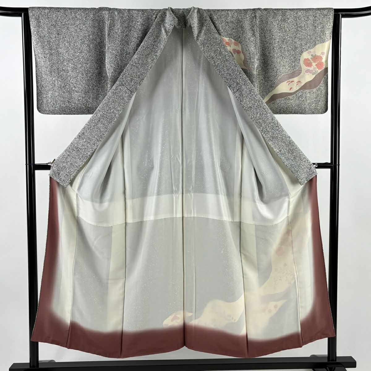 付下 身長152cm 袖長63.5cm S 雙層 菊花 枝梅花 金銀彩 黑灰 純蠶絲 優品級