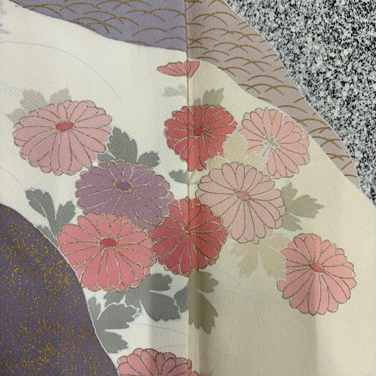 付下 身長152cm 袖長63.5cm S 雙層 菊花 枝梅花 金銀彩 黑灰 純蠶絲 優品級