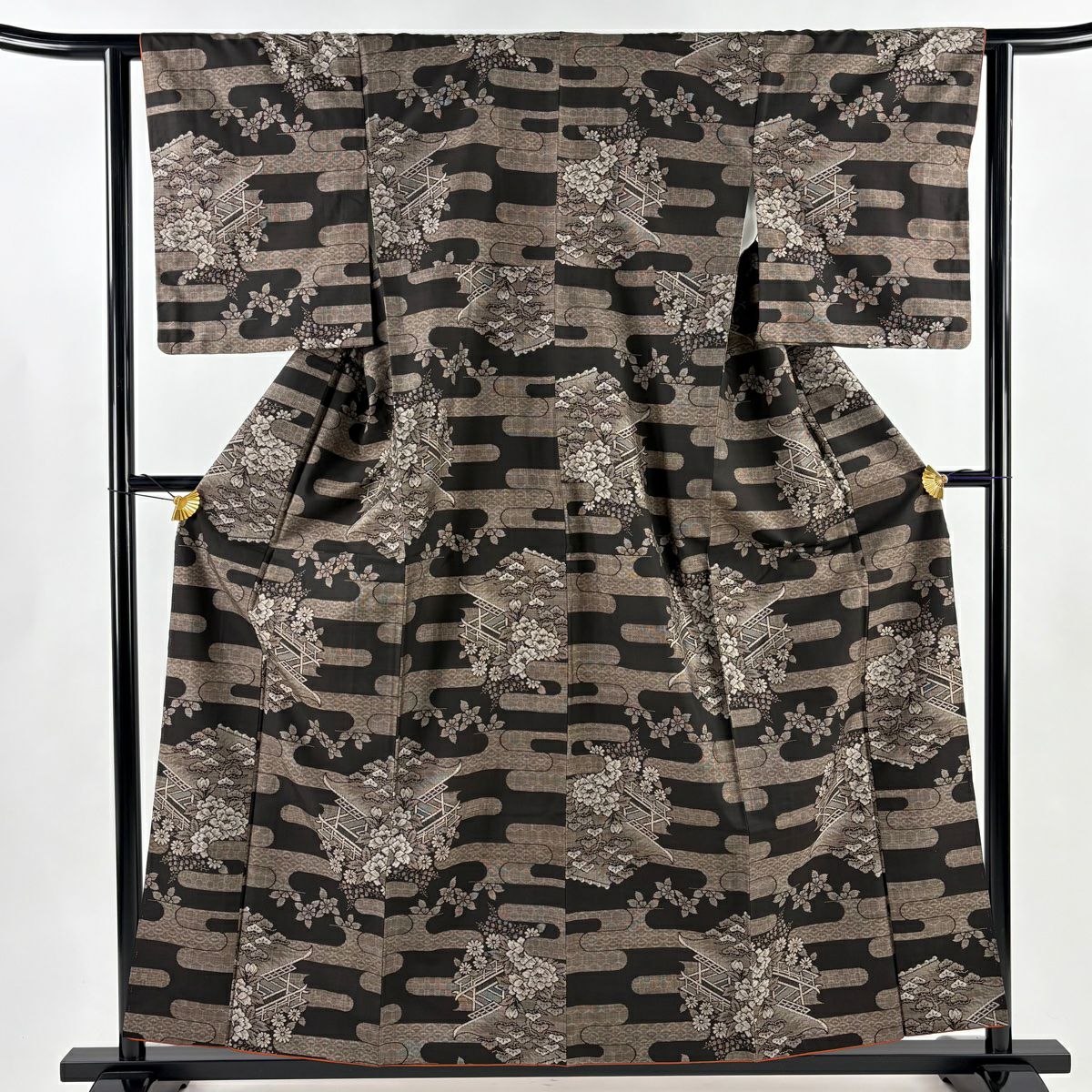 紬織 身長158cm 袖長62cm S 雙層 ヱ霞 松樹 焦茶 純蠶絲 秀品級