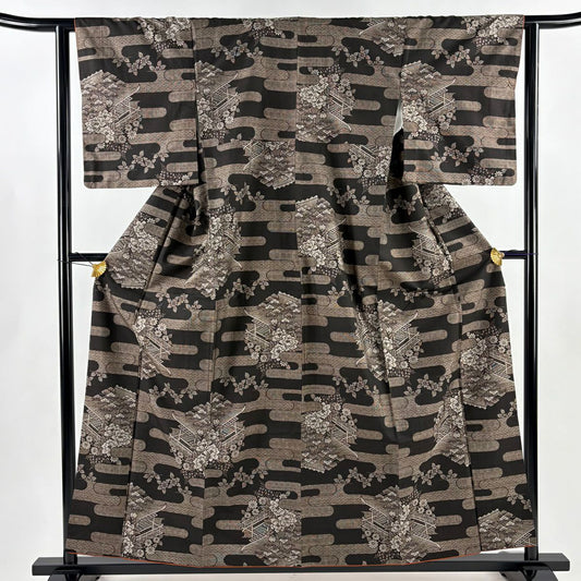 紬織 身長158cm 袖長62cm S 雙層 ヱ霞 松樹 焦茶 純蠶絲 秀品級