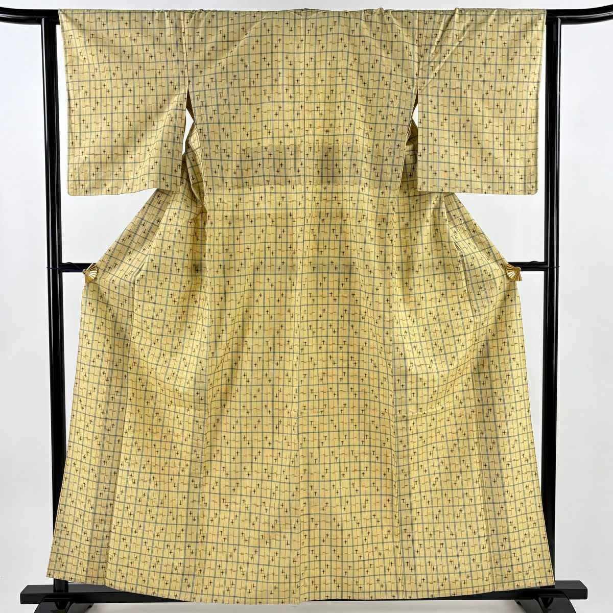 【美品】 紬織 身長157cm 袖長62.5cm S 單層 格子 十字絣 淺黃 純蠶絲 優品級