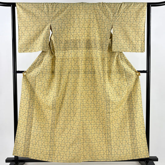 【美品】 紬織 身長157cm 袖長62.5cm S 單層 格子 十字絣 淺黃 純蠶絲 優品級