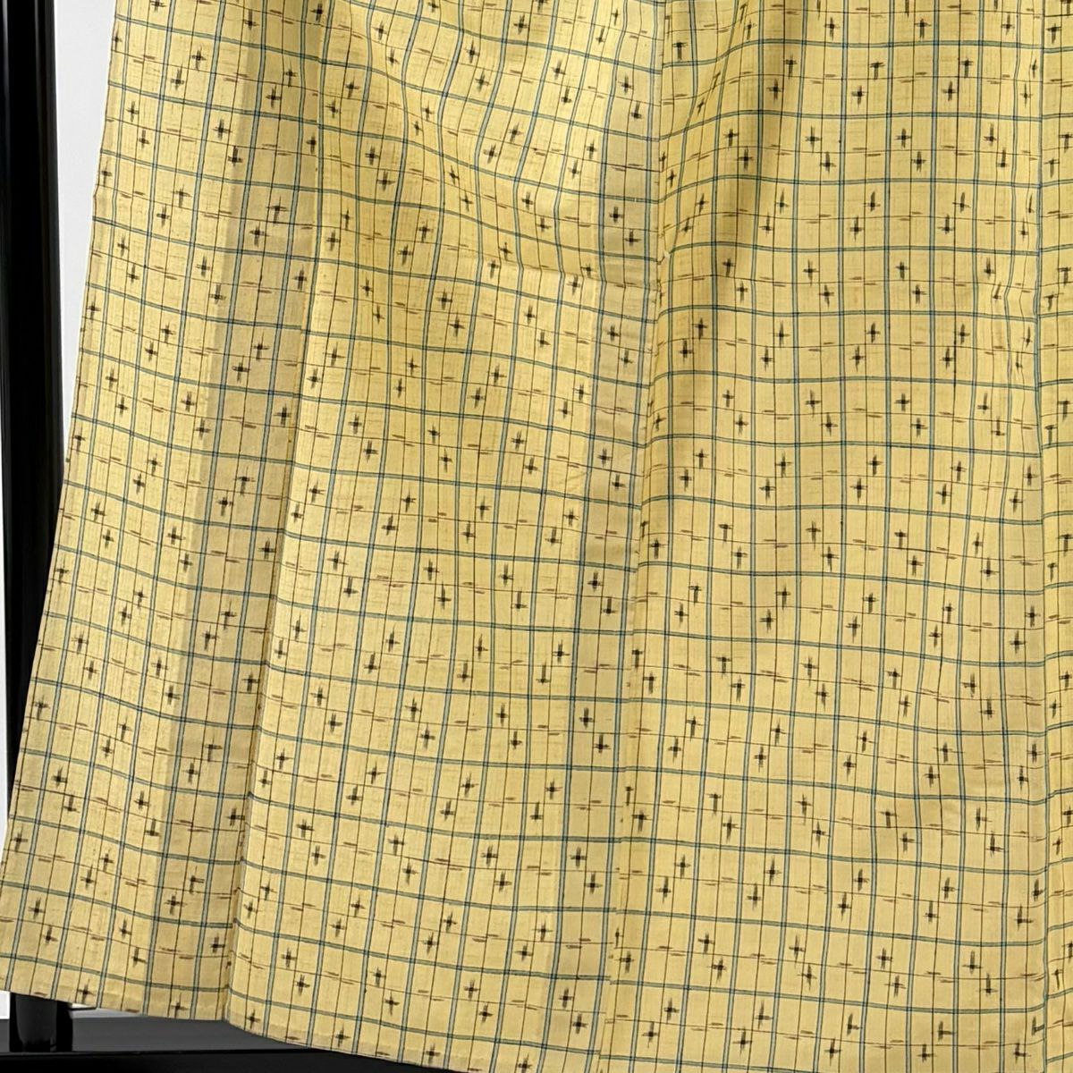 【美品】 紬織 身長157cm 袖長62.5cm S 單層 格子 十字絣 淺黃 純蠶絲 優品級