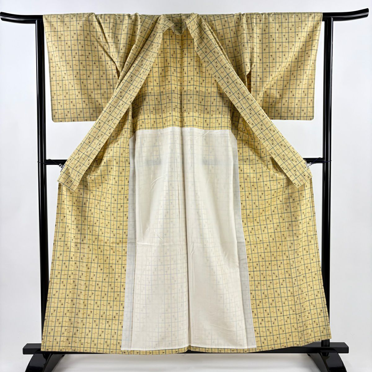 【美品】 紬織 身長157cm 袖長62.5cm S 單層 格子 十字絣 淺黃 純蠶絲 優品級