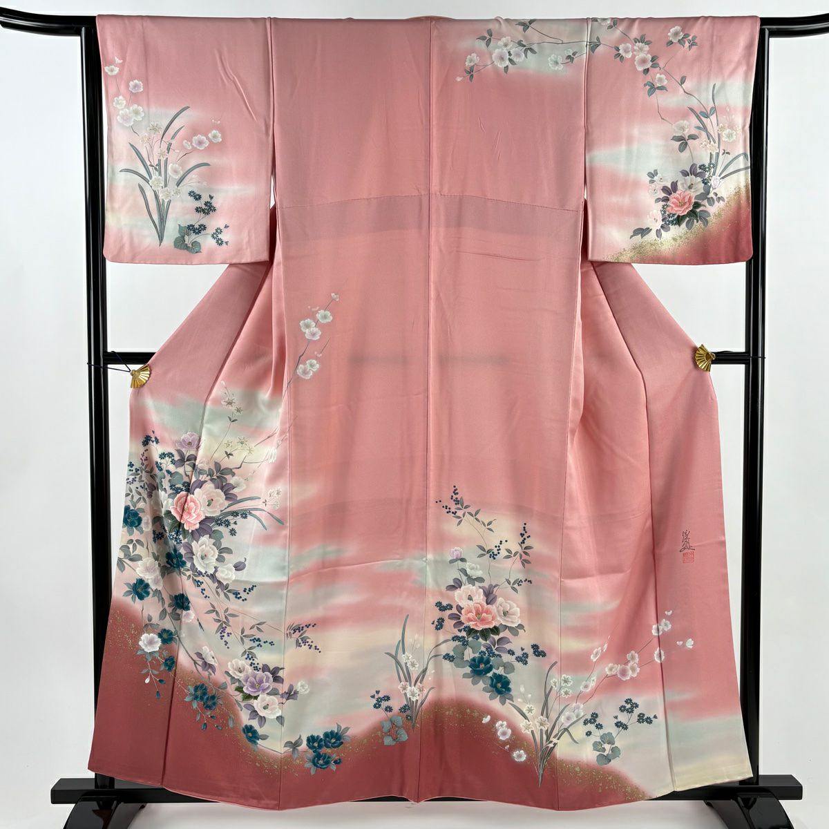 訪問服 身長157cm 袖長63.5cm S 雙層 落款有 椿 霞 刺繡 金銀彩 粉紅 純蠶絲 優品級