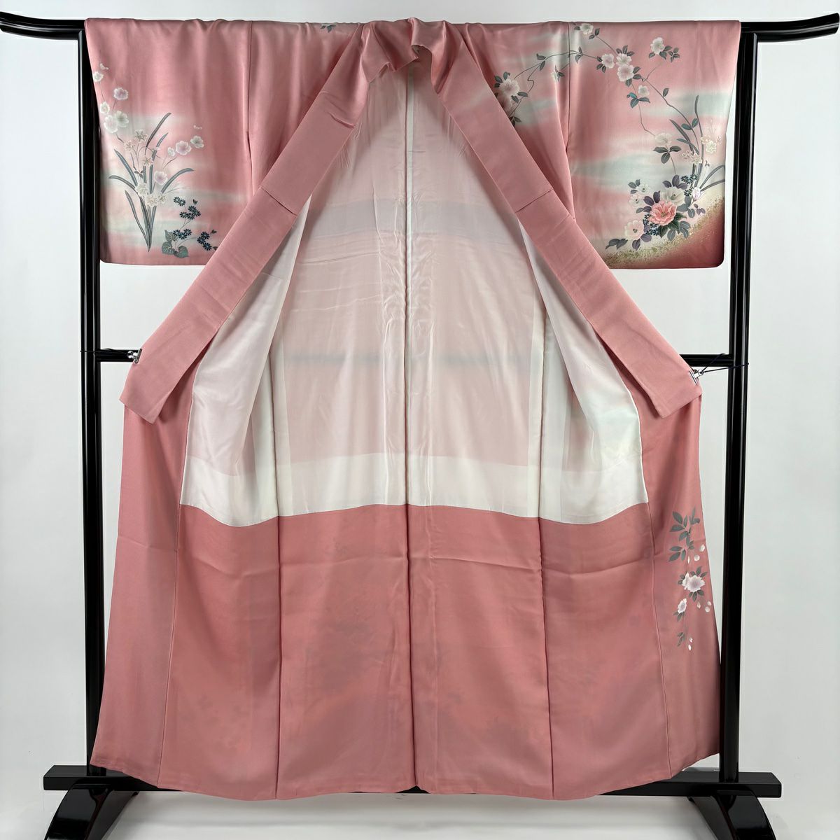 訪問服 身長157cm 袖長63.5cm S 雙層 落款有 椿 霞 刺繡 金銀彩 粉紅 純蠶絲 優品級