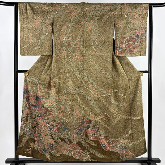【美品】訪問服 身長156cm 袖長63cm S 雙層 草花紋紋 絞染 茶 純蠶絲 秀品級