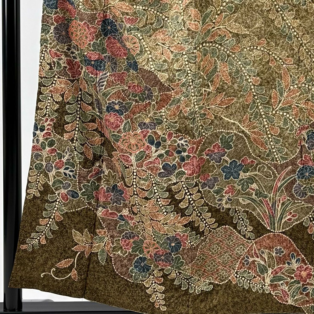 【美品】訪問服 身長156cm 袖長63cm S 雙層 草花紋紋 絞染 茶 純蠶絲 秀品級