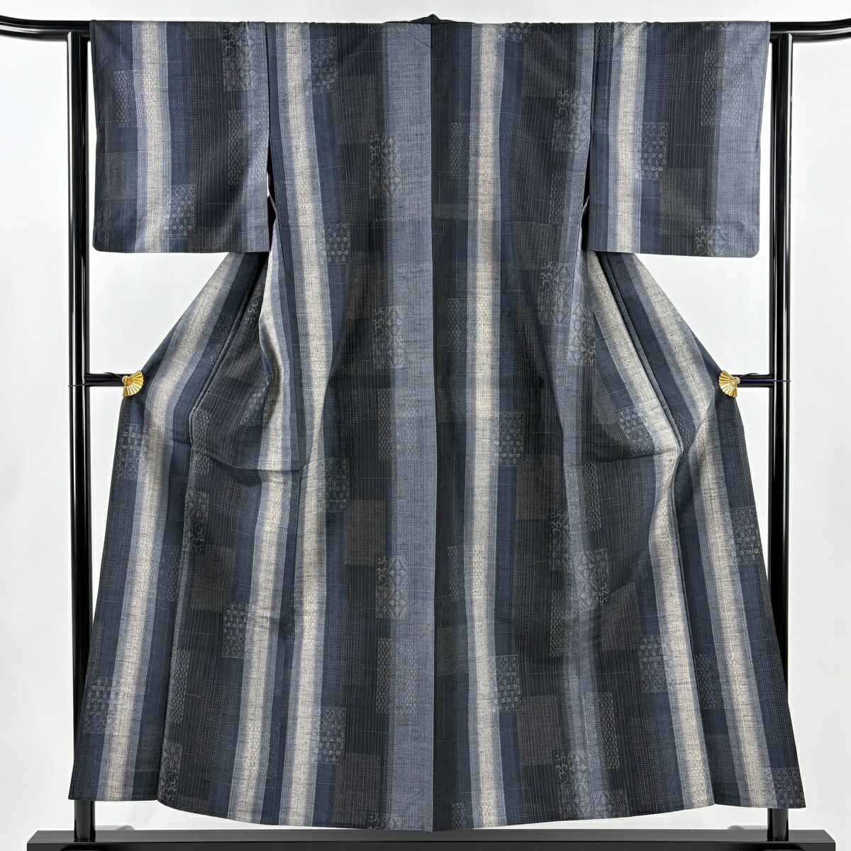 【美品】 紬織 身長153.5cm 袖長62.5cm S 單層 縞麻葉 深藍 純蠶絲 秀品級