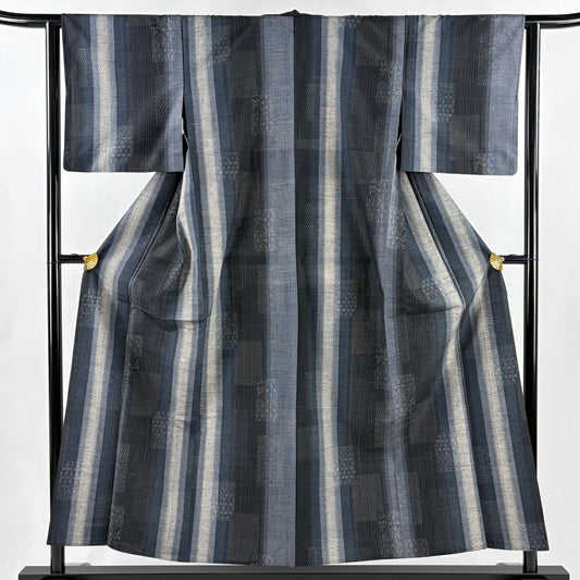 【美品】 紬織 身長153.5cm 袖長62.5cm S 單層 縞麻葉 深藍 純蠶絲 秀品級