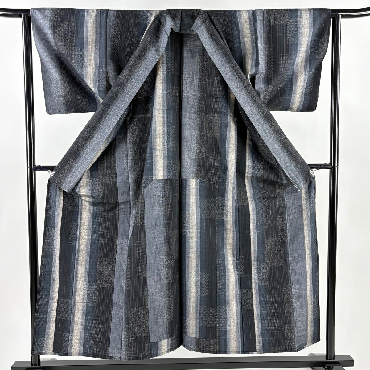 【美品】 紬織 身長153.5cm 袖長62.5cm S 單層 縞麻葉 深藍 純蠶絲 秀品級