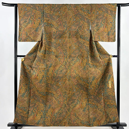 【美品】 小紋 身長159cm 袖長62cm S 雙層 更勝 落款あり 草花紋紋 更紗 縮緬 茶 純蠶絲 秀品級