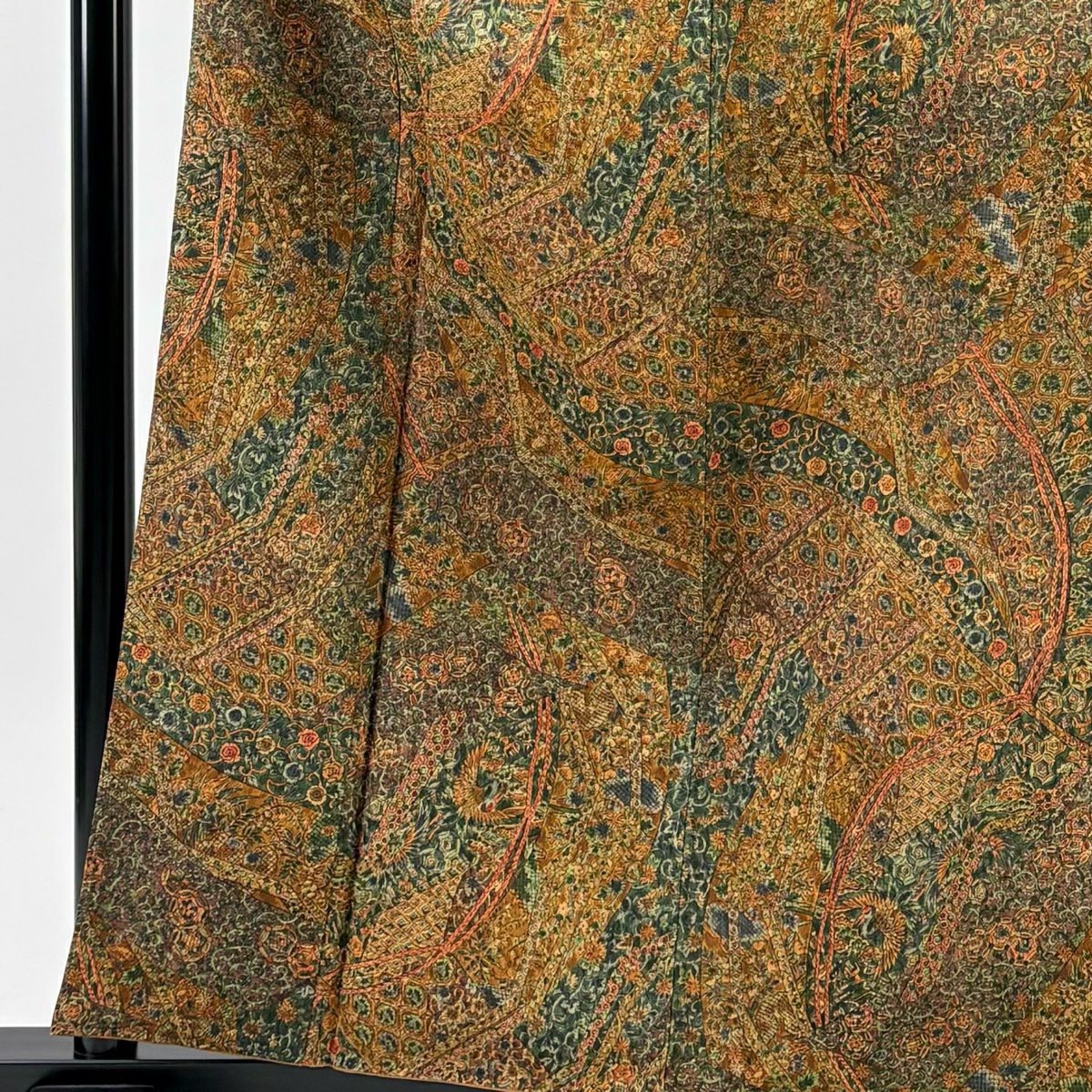 【美品】 小紋 身長159cm 袖長62cm S 雙層 更勝 落款あり 草花紋紋 更紗 縮緬 茶 純蠶絲 秀品級