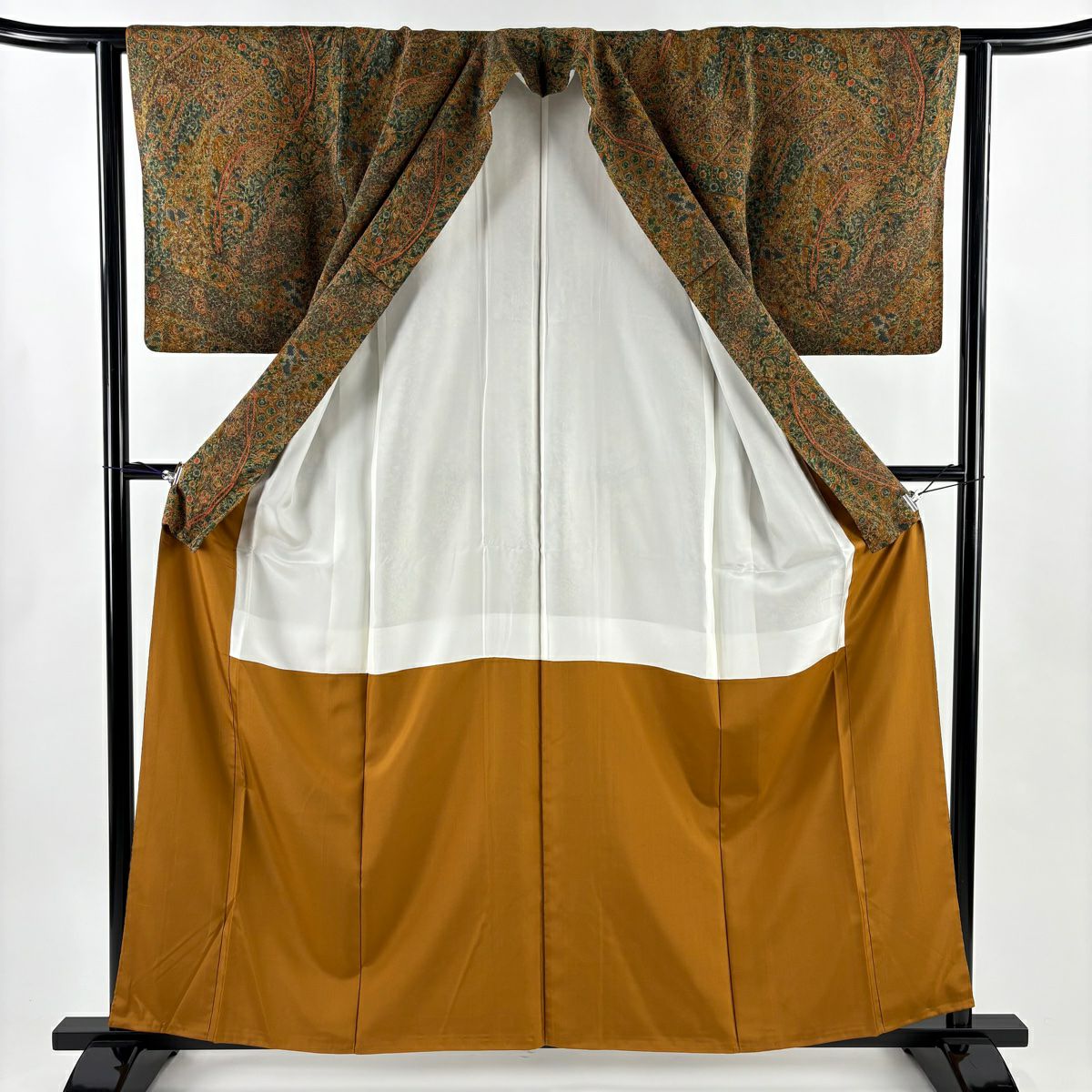 【美品】 小紋 身長159cm 袖長62cm S 雙層 更勝 落款あり 草花紋紋 更紗 縮緬 茶 純蠶絲 秀品級