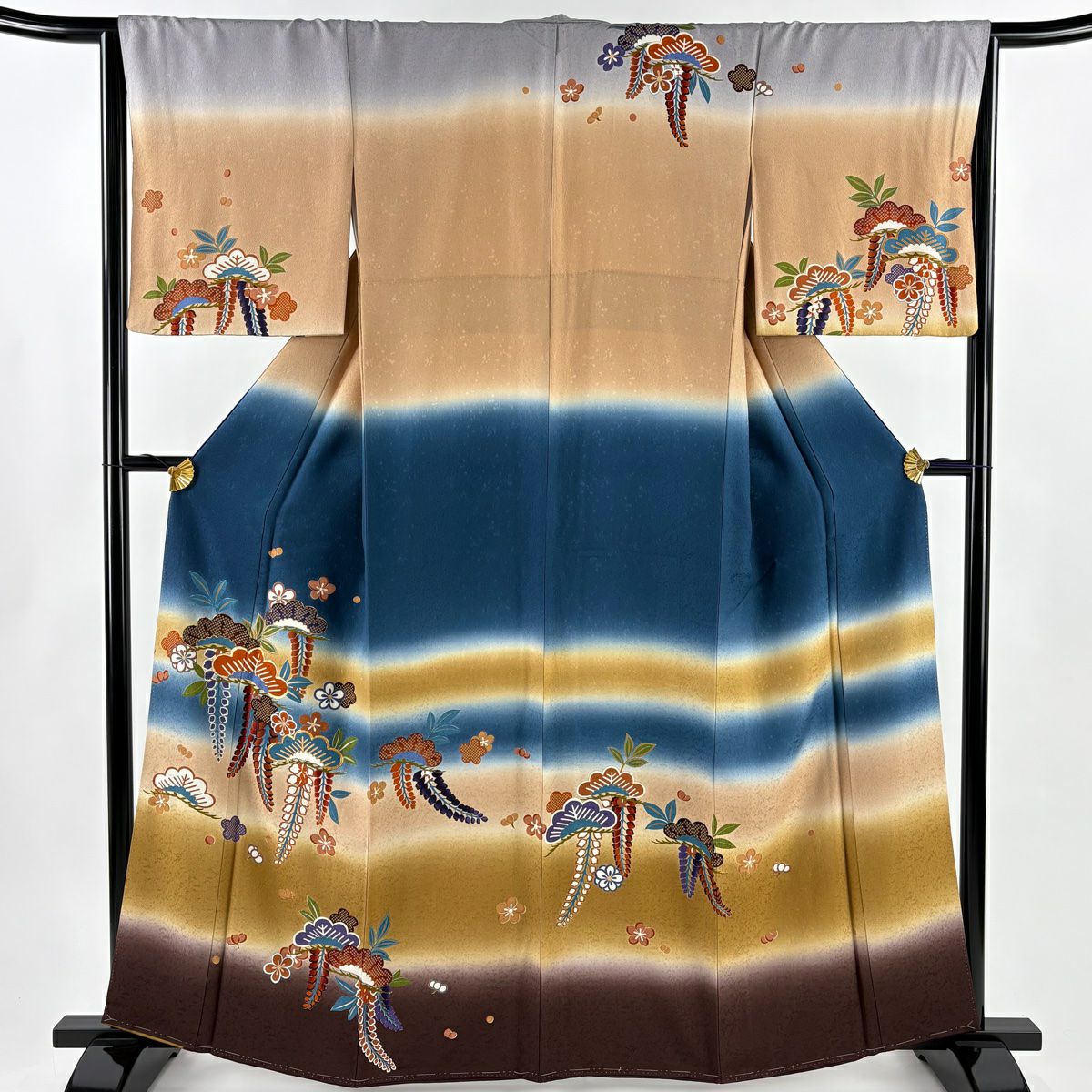 訪問服 身長161.5cm 袖長64cm M 雙層 笠松樹 藤 金絲 金銀彩 茶 純蠶絲 秀品級