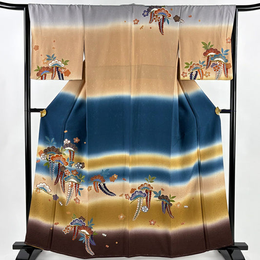 訪問服 身長161.5cm 袖長64cm M 雙層 笠松樹 藤 金絲 金銀彩 茶 純蠶絲 秀品級