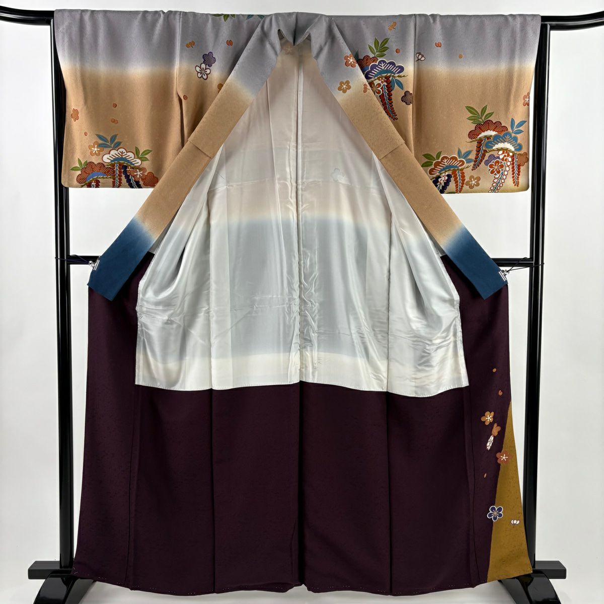 訪問服 身長161.5cm 袖長64cm M 雙層 笠松樹 藤 金絲 金銀彩 茶 純蠶絲 秀品級