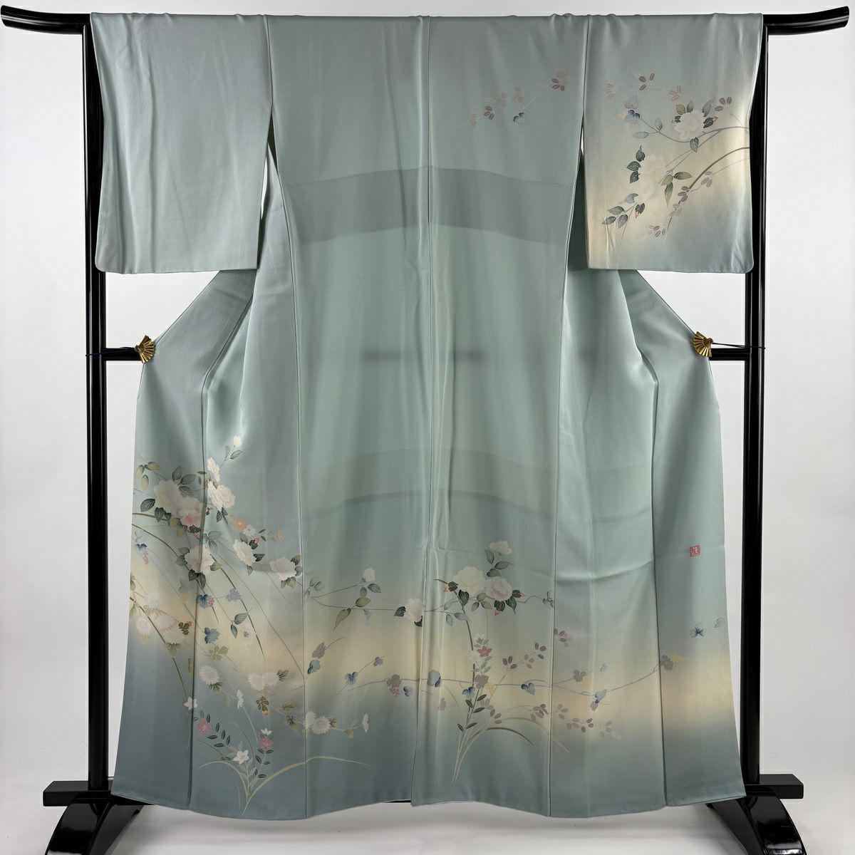 訪問服 身長160cm 袖長67cm M 雙層 枝花 桔梗 染分 淡藍色 純蠶絲 優品級