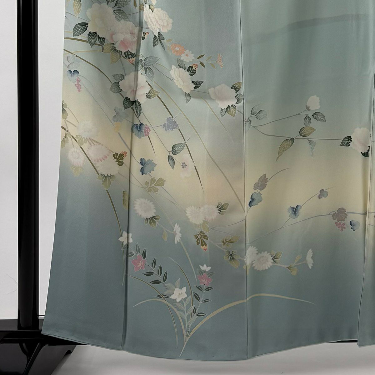 訪問服 身長160cm 袖長67cm M 雙層 枝花 桔梗 染分 淡藍色 純蠶絲 優品級