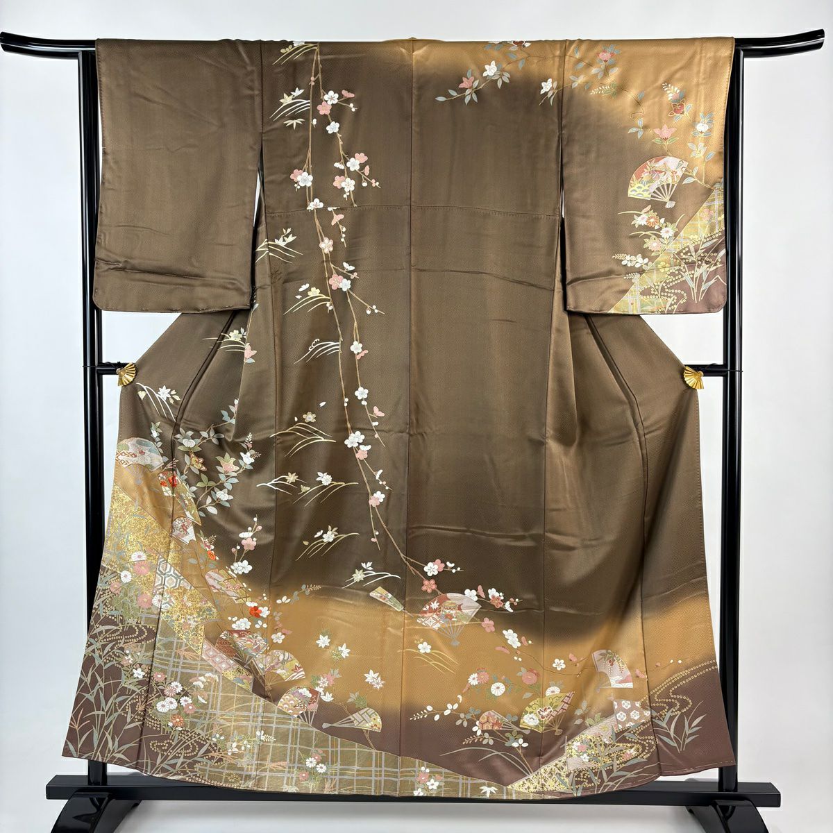 訪問服 身長157cm 袖長64cm M 雙層 扇子面 橘色 刺繡 金糸 茶 純蠶絲 秀品級