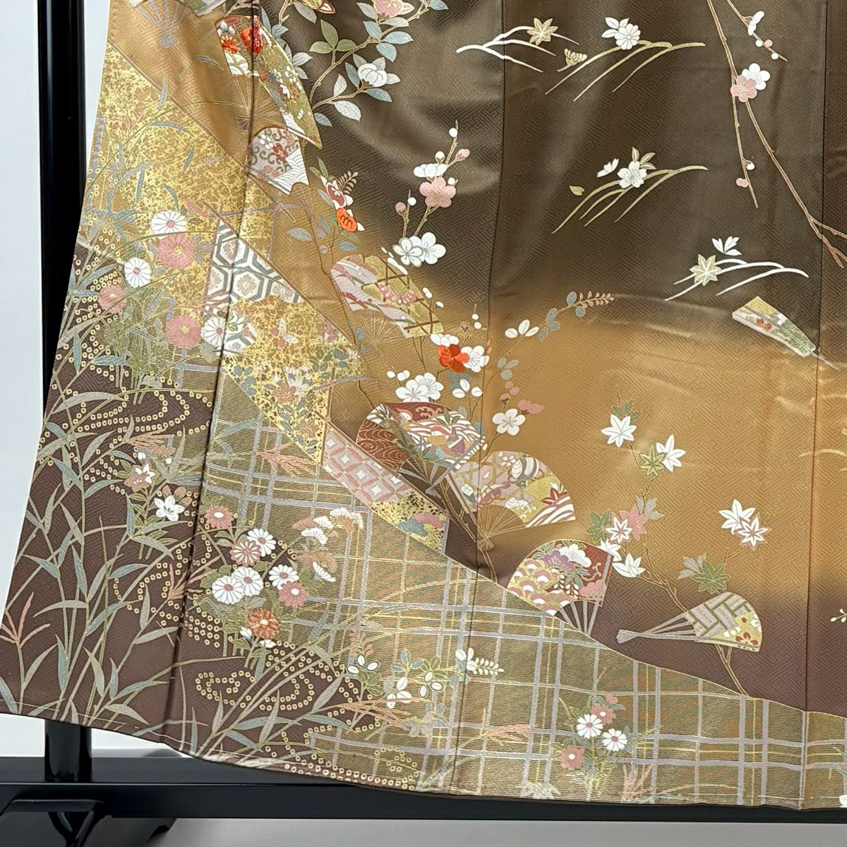 訪問服 身長157cm 袖長64cm M 雙層 扇子面 橘色 刺繡 金糸 茶 純蠶絲 秀品級