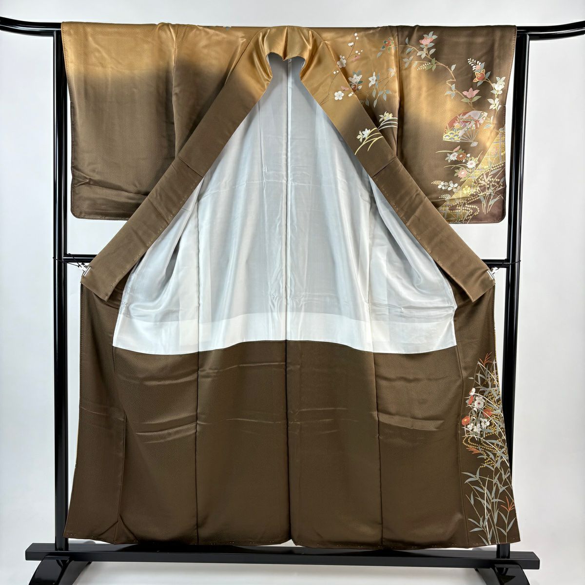 訪問服 身長157cm 袖長64cm M 雙層 扇子面 橘色 刺繡 金糸 茶 純蠶絲 秀品級