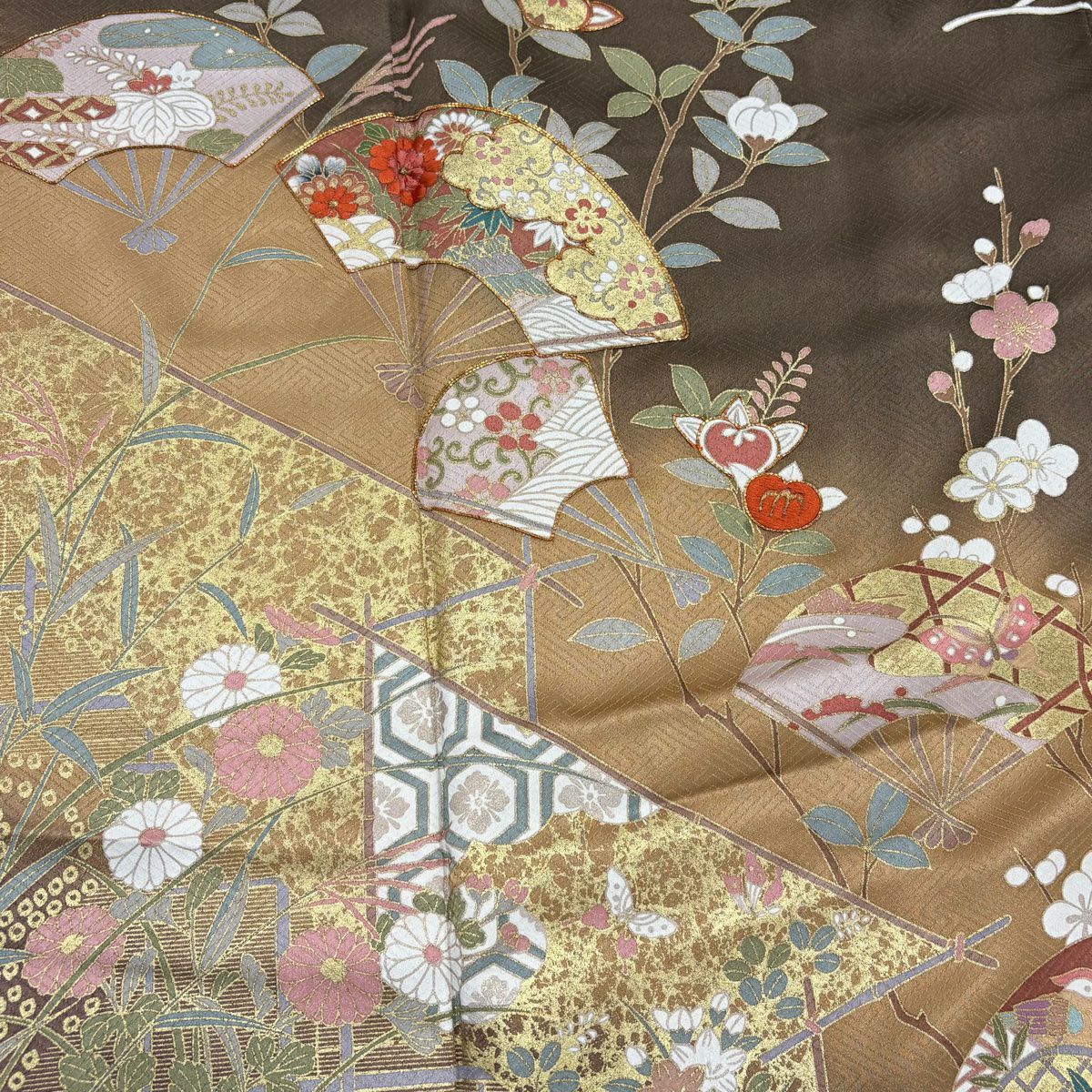 訪問服 身長157cm 袖長64cm M 雙層 扇子面 橘色 刺繡 金糸 茶 純蠶絲 秀品級