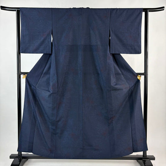 【美品】 紬織 身長159cm 袖長62cm S 單層 草花紋紋 龜甲絣 深藍 純蠶絲 秀品級