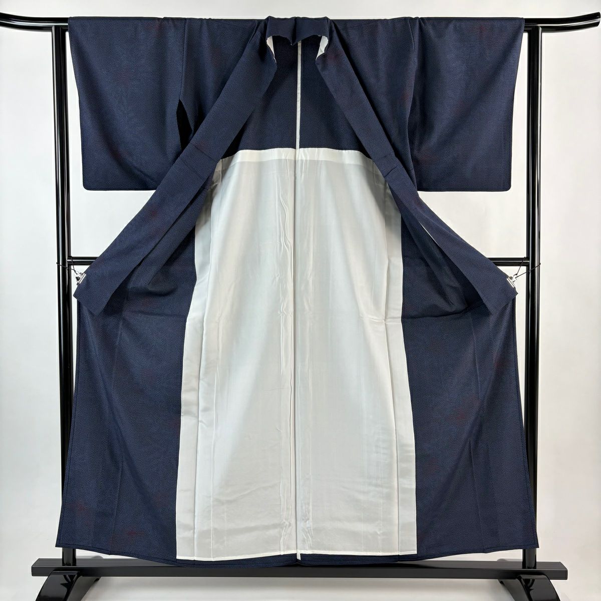 【美品】 紬織 身長159cm 袖長62cm S 單層 草花紋紋 龜甲絣 深藍 純蠶絲 秀品級