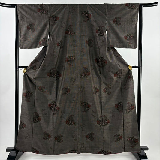 【美品】 大島紬織 身長164.5cm 袖長65cm M 雙層 純泥染 證書附帶 花丸紋 焦茶 純蠶絲 優品級
