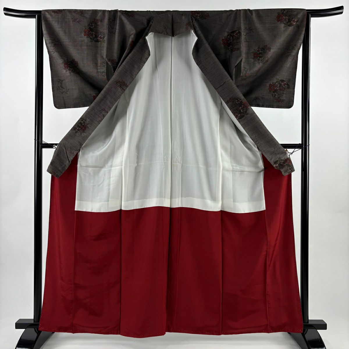 【美品】 大島紬織 身長164.5cm 袖長65cm M 雙層 純泥染 證書附帶 花丸紋 焦茶 純蠶絲 優品級