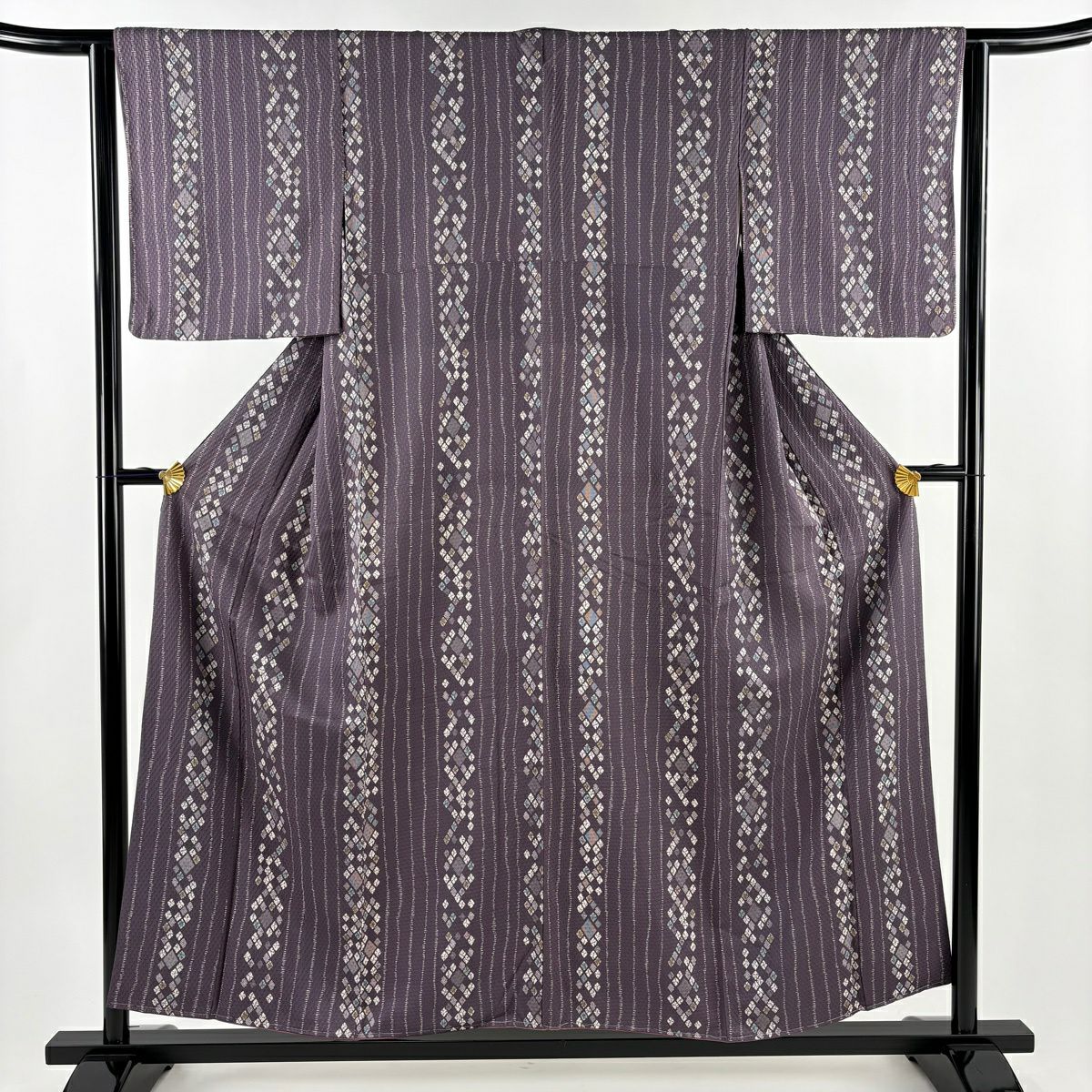 【美品】 小紋 身長155.5cm 袖長64cm M 雙層 幾何學圖案 縱條 紫 純蠶絲 優品級