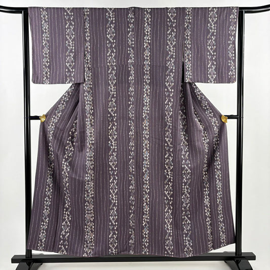 【美品】 小紋 身長155.5cm 袖長64cm M 雙層 幾何學圖案 縱條 紫 純蠶絲 優品級