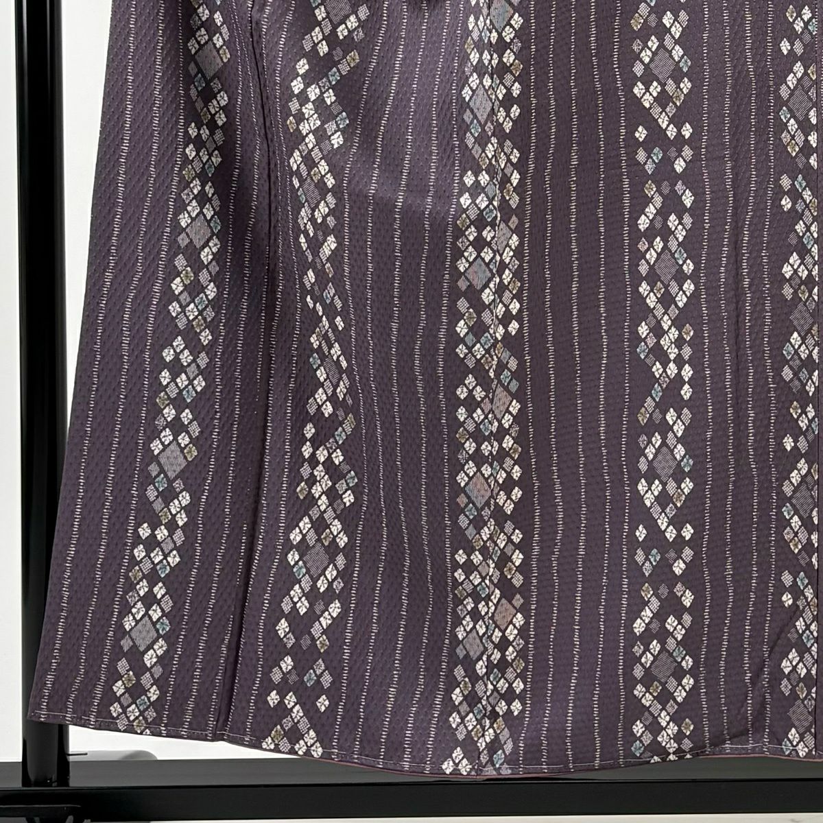 【美品】 小紋 身長155.5cm 袖長64cm M 雙層 幾何學圖案 縱條 紫 純蠶絲 優品級