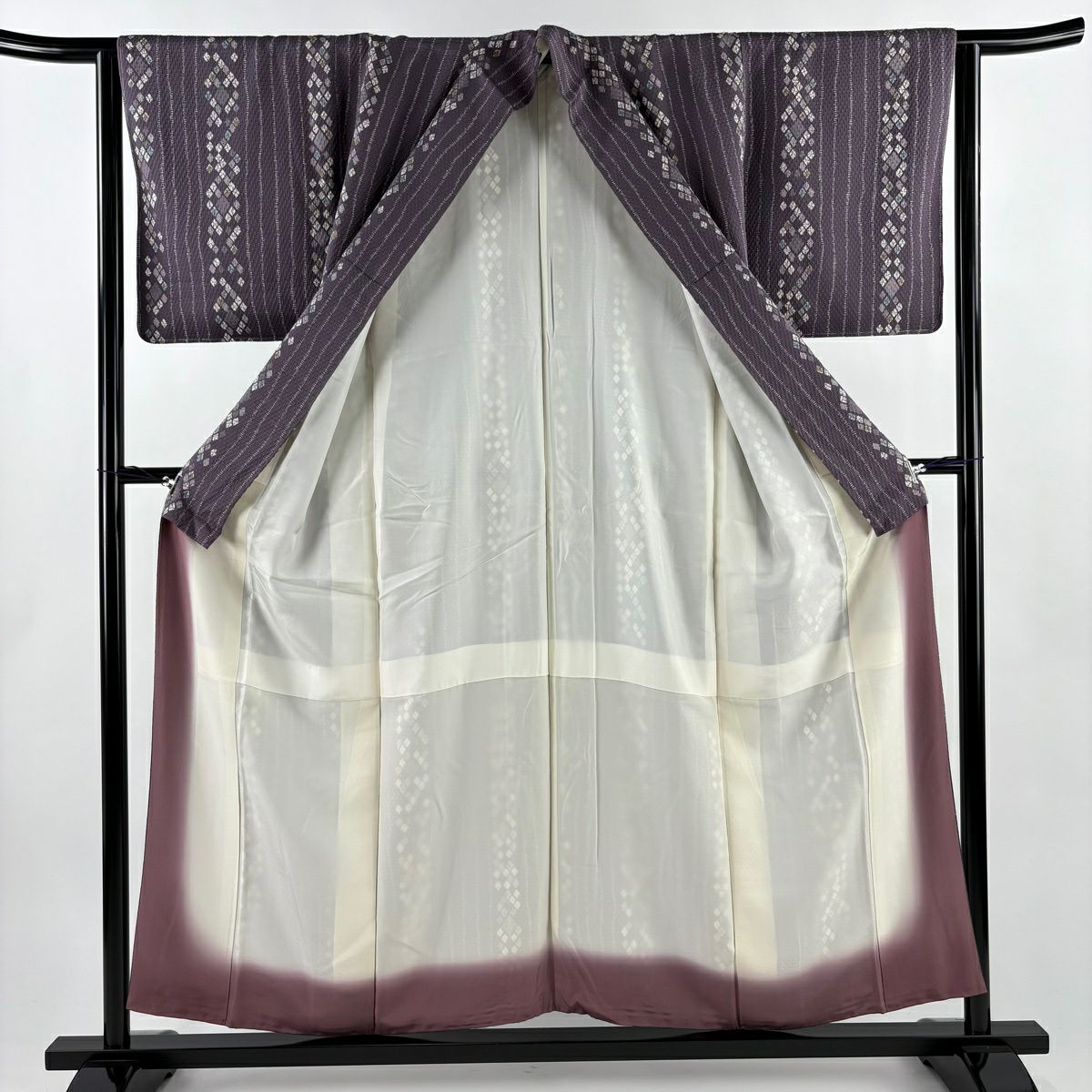 【美品】 小紋 身長155.5cm 袖長64cm M 雙層 幾何學圖案 縱條 紫 純蠶絲 優品級