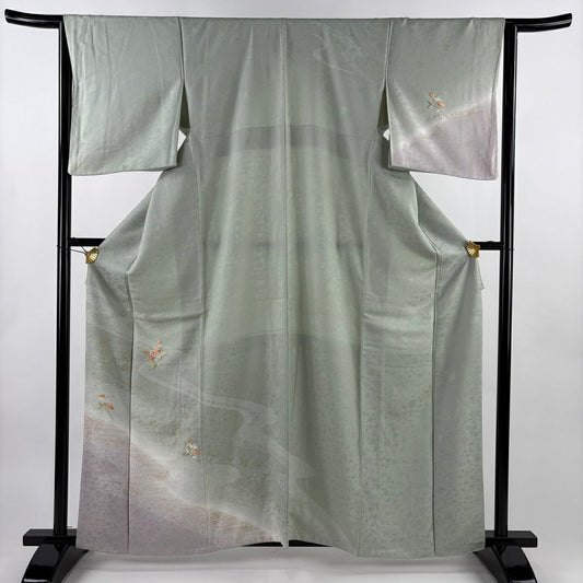 訪問服 身長161cm 袖長64cm M 雙層 草花紋紋 霞 刺繡 金彩裝飾 灰綠 純蠶絲 秀品級