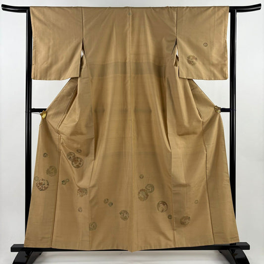 【美品】 付下 身長157.5cm 袖長63cm S 雙層 紬織織 菱屋六右衛門 落款あり 証紙あり 花丸紋 薄茶 純蠶絲 秀品級 一つ紋