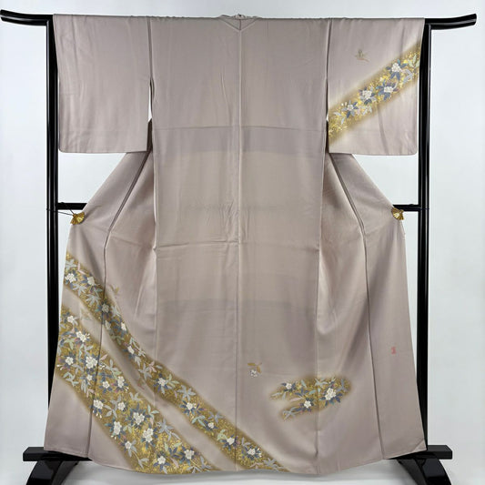 訪問服 身長162.5cm 袖長65cm M 雙層 落款有 櫻花 鳥 金銀彩 粉米色 純蠶絲 優品級