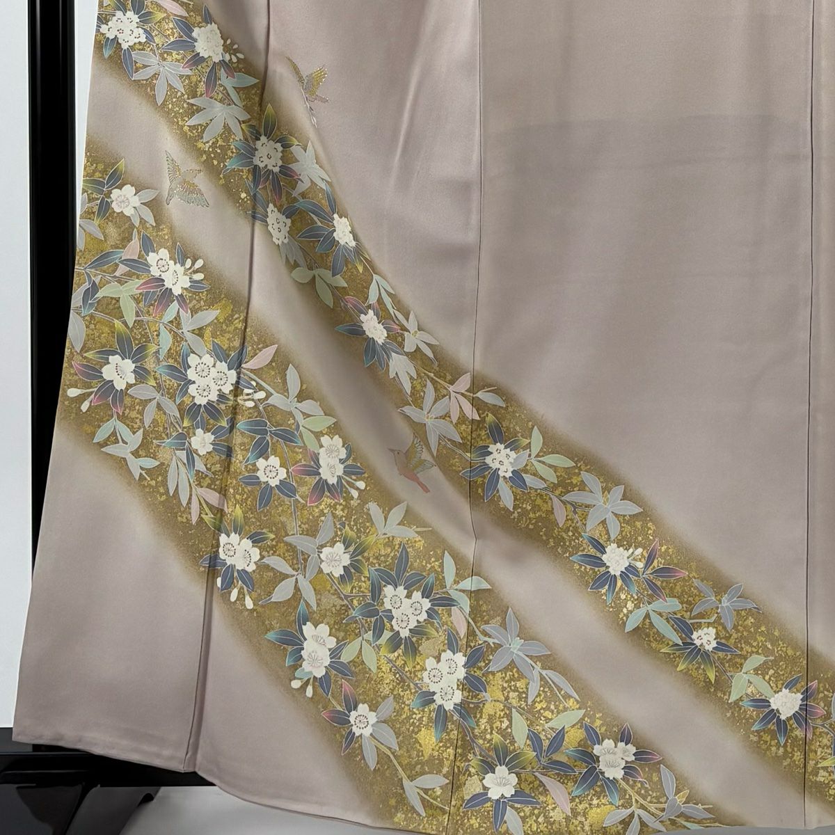 訪問服 身長162.5cm 袖長65cm M 雙層 落款有 櫻花 鳥 金銀彩 粉米色 純蠶絲 優品級