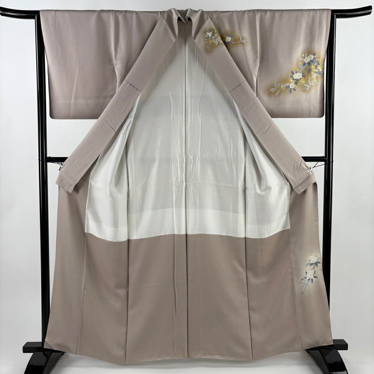 訪問服 身長162.5cm 袖長65cm M 雙層 落款有 櫻花 鳥 金銀彩 粉米色 純蠶絲 優品級